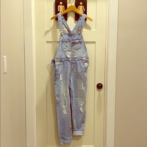 Denim distressed overalls